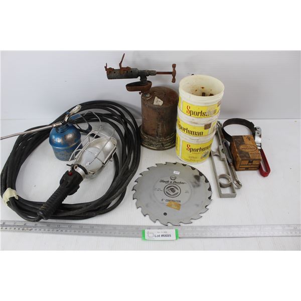 Lot Of Various hardware Items, Thumb Oiler w/ Oil, Construction Light, Needs New Bulb To Work, Misc.