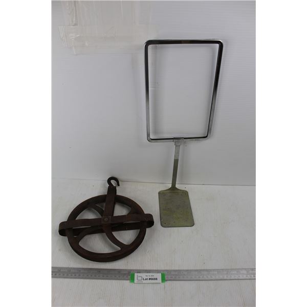 Vintage Metal Wheel Pully, Store Sale Sign Holder- Both As Is