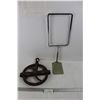 Image 1 : Vintage Metal Wheel Pully, Store Sale Sign Holder- Both As Is