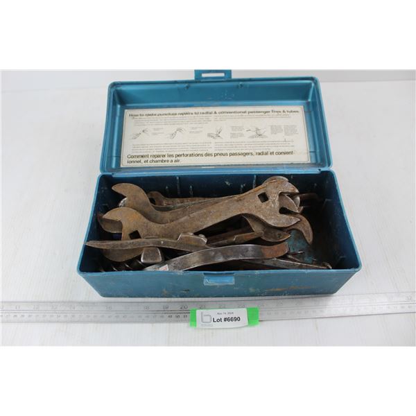 Plastic Uniroyal Tool Box w/ various Tools, Wrenches, Drill Bits, Misc.