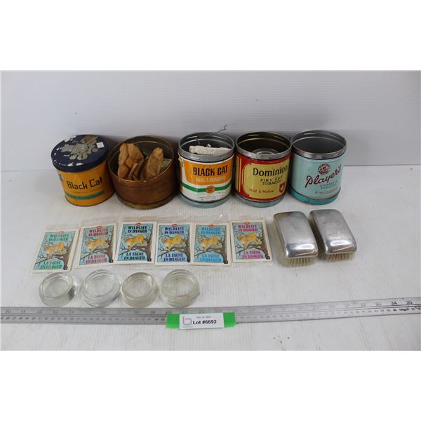 Lot Of Various Items, (5) Vintage Tabacco Tins, Black cat, Players, Misc., (6) Post Cereal Wildlife 