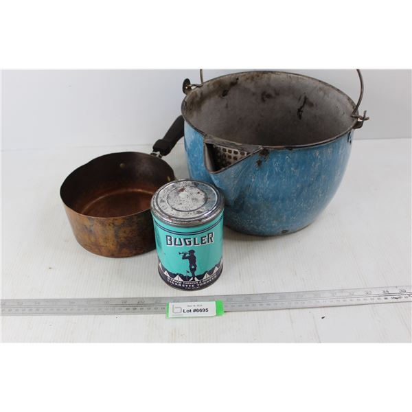 Enameled Pot- As Is, Bugler Cigarette Tabacco Tin, Misc.