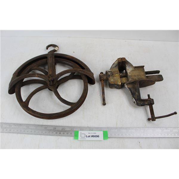 Vintage Metal Wheel Pully w/ No. 3 Vintage Workbench Vice