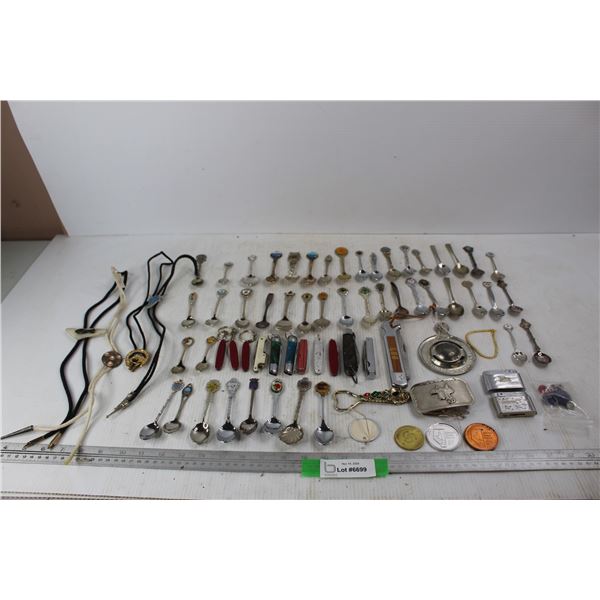 Lot Of Various Collector Spoons, Pocket Knives, Lighters, Misc.