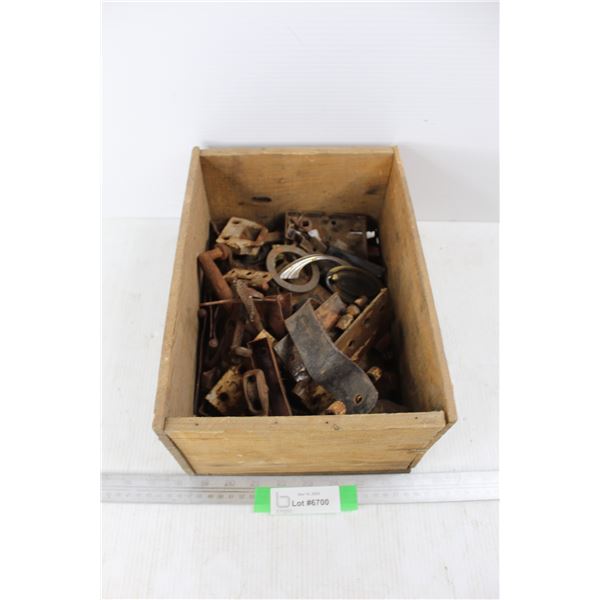 Vintage Wooden Box Full Of Various Vintage Furniture Hinges/ Drawer Knobs