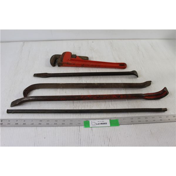 (3) Crowbars, Pipe Wrench, Pipe