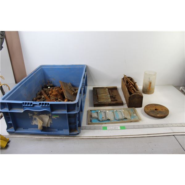 Assorted Hardware, Tools, And Bits, Blue Tub