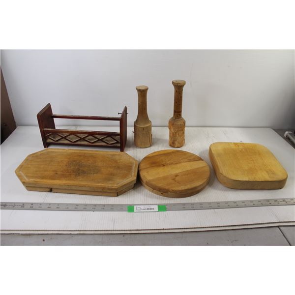 (3) Cutting Boards, (2) Kitchen Wooden Mashers, Spice rack