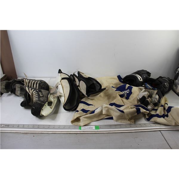 Size 3.5 Skates, Toronto Maple Leaf's Jersey, (3) Gloves, Knee/Shin Pads