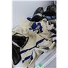 Image 5 : Size 3.5 Skates, Toronto Maple Leaf's Jersey, (3) Gloves, Knee/Shin Pads