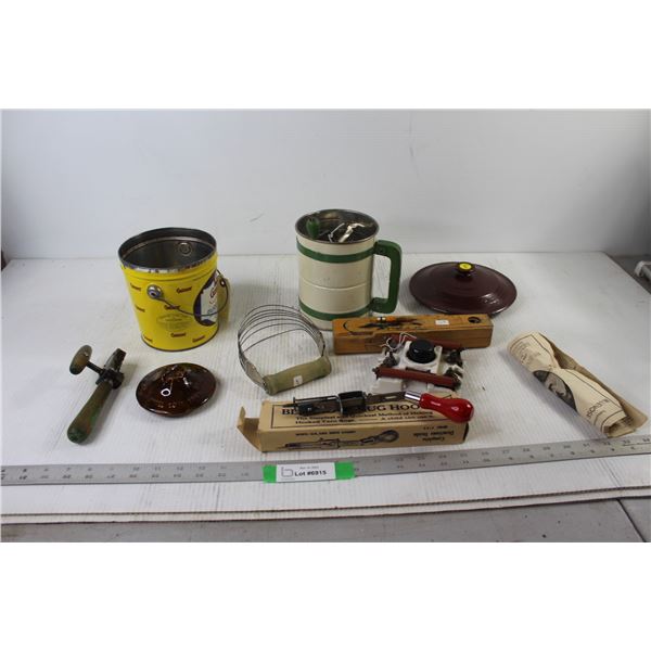Rug Hooker, Flour Sifter, Pot Lids, Pencil Case