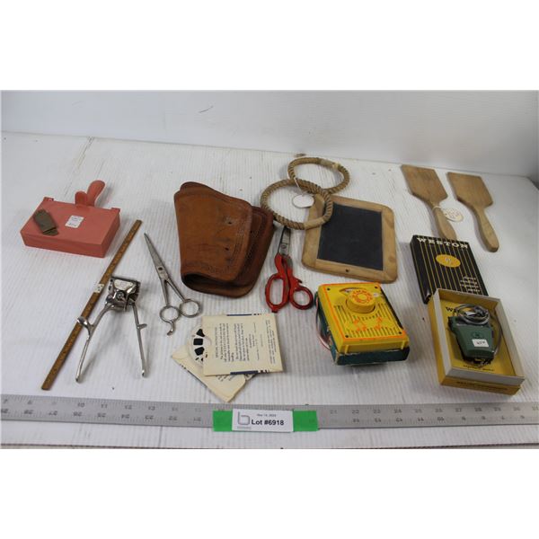 Direct Reading Exposure Meter, Boys Saddle Stirrups, Cigarette Box, Butter Paddles