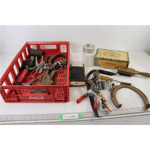 Cigar Box, Horseshoe, Brush, Crate, Assorted Tools