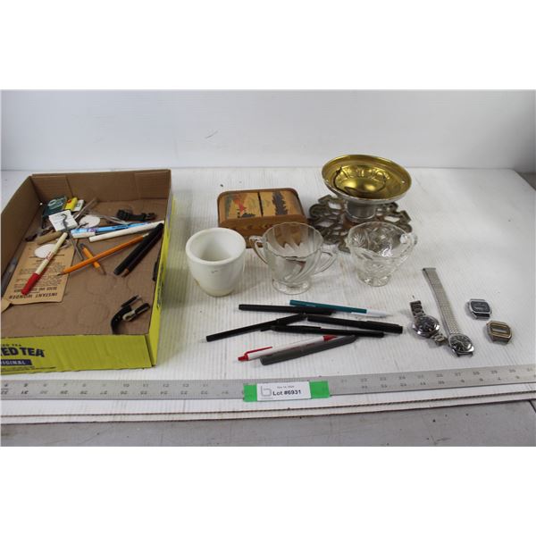 Pens, Candle, Cream and Sugar, Watches