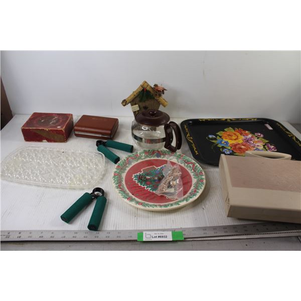 (2) Trays, Plate, Coffee Pot, Electric Shaver, Grip Strengtheners,