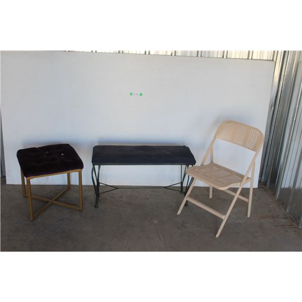 *** Purple Velour Gold metal bench, Long metal bench 33”,vintage unique folding metal chair