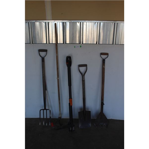 *** (6) Garden Tools: Potato Fork, Tiller, Square Mouth Spade, Misc.
