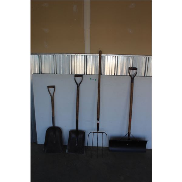 *** (4) Garden Tools: Grain Shovel, Snow Shovel, Pitch Fork, Square Mouth Shovel