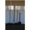 *** (4) Garden & Yard Tools: (2) Brooms, Spade, Pitch Fork