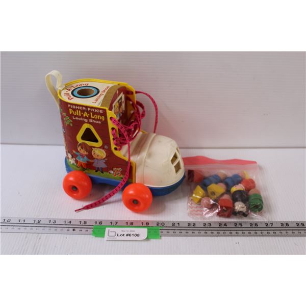 Vintage Fisher Price Pull Along & Tie My Shoe Laces Toy & Accessories