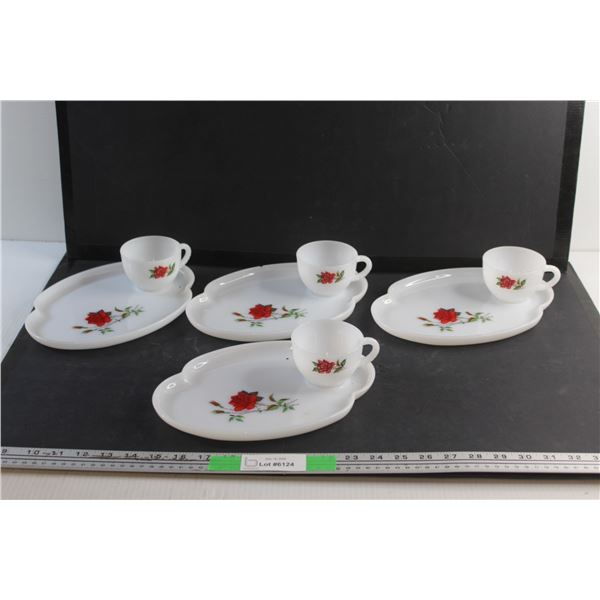 (4) Milk Glass Serving Trays with Tea Cups - Chipped