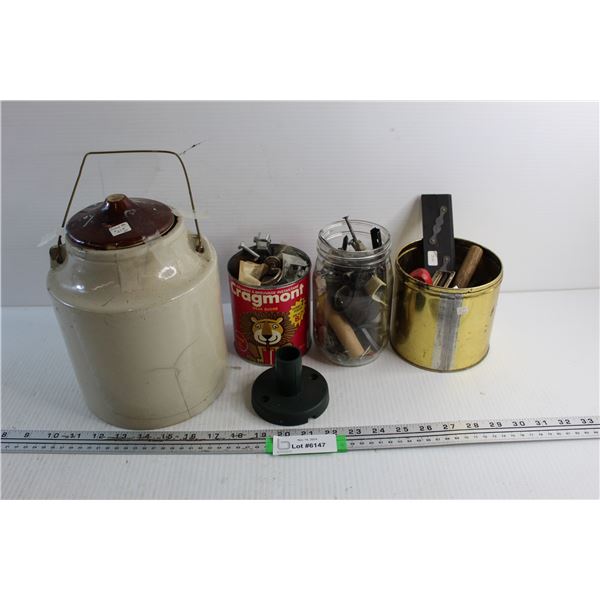 (3) Jars/ Tins Full Of Various Hardware Items, Vintage Stoneware Pickle Jar- Has Crack