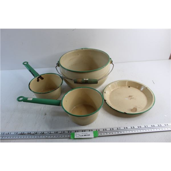 (4) Vintage Enamel Ware Pieces, Potato Pot, Plate, Misc.