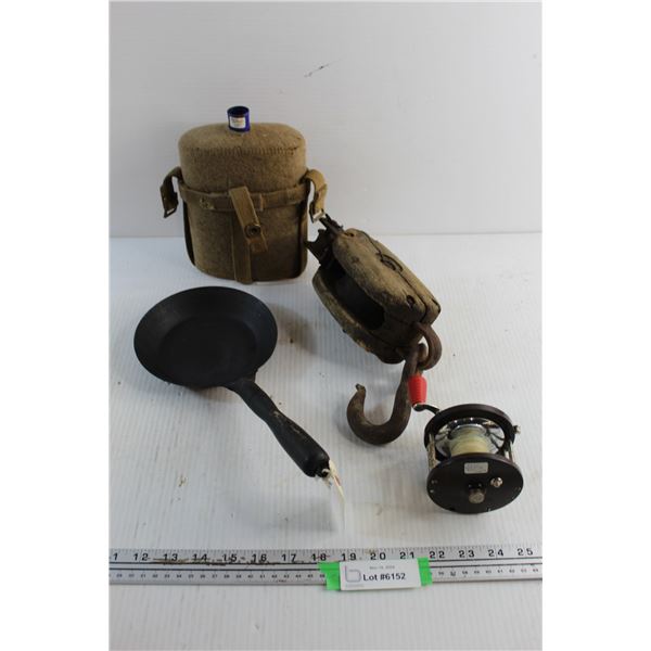 Penn Fishing Reel, Vintage Army Canteen, Small Frying Pan, Misc.