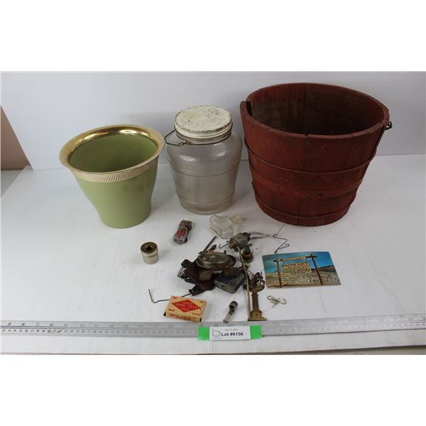 Lot Of Various Items, (2) Flower Pots, Jar w/ Various Items