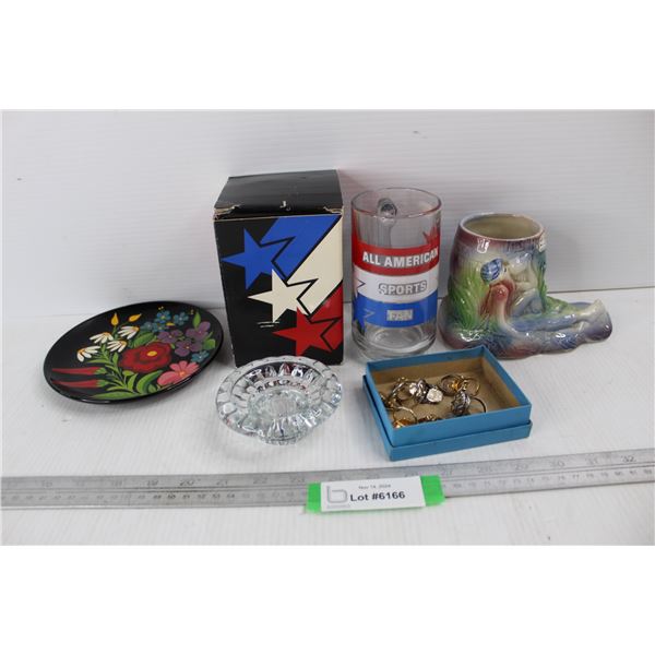 All American Sports Fan Beer Mug w/ Box, Various Costume Jewellery Rings, Misc.