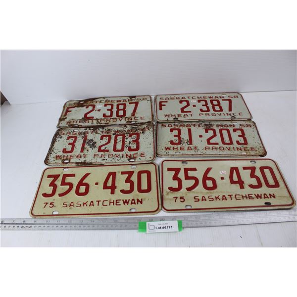 (6) Various Vintage Saskatchewan License Plates- All Pairs
