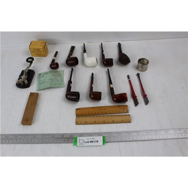 (8) Vintage Tabacco Pipes, (2) Vintage Wooden Rulers, Misc.