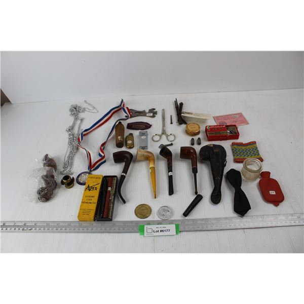 (2) Vintage Lead Bullets, (2) Vintage Lighters, (4) Tabacco Pipes, Misc.- PAL Required