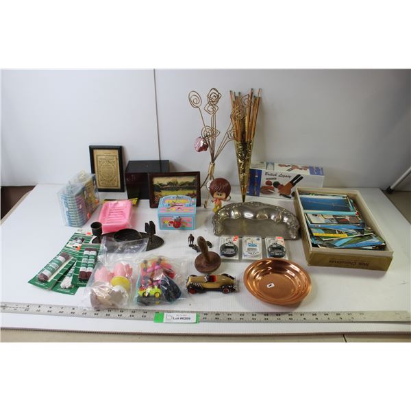 Assorted Vintage/Antique Items (Metal Match Holder, Metal Post Card Holder, Box Postcards, British L
