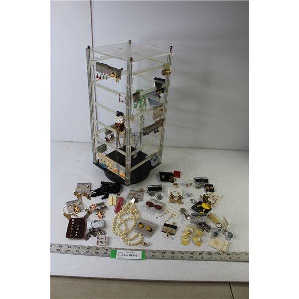 Assorted Vintage Costume Jewelry (Ear Rings, Necklaces, Rings), Rotational Jewelry Tree