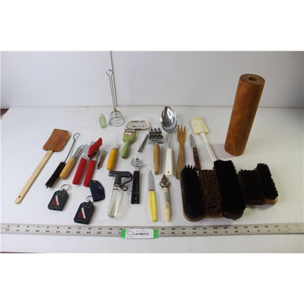 Assorted Vintage Kitchen Utensils, Shoe Brushes, Terminator Sound Effect Keychains
