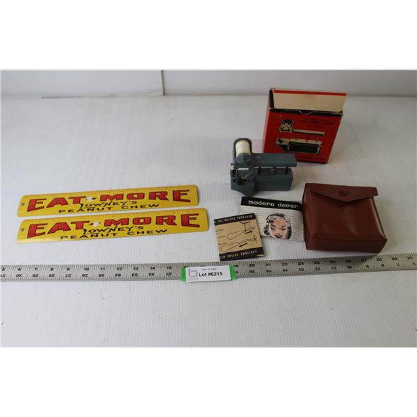 Modern Decor Hand Sewing Machine with Tote - Vintage, (2) Metal Eat-More Lowrey's Peanut Chew Rulers