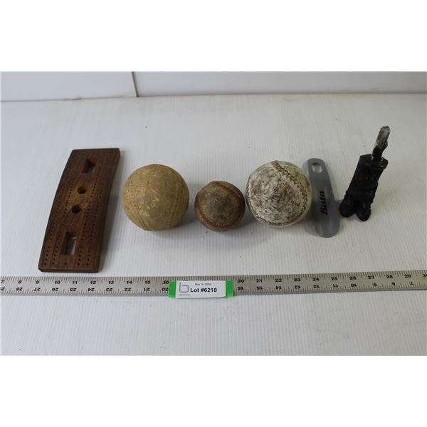 Vintage Wood Crib Board, Softballs, Baseball, Tiki Theme Can Opener, Bata Shoe Horn