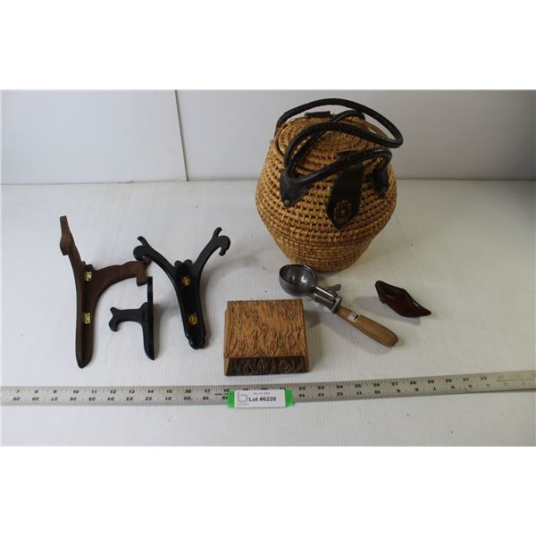 Antique Ice Cream Scoop, Corner Shelf Brackets, Wicker Basket, Vintage Wood Candy Dish