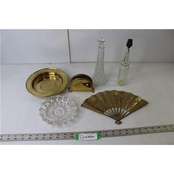 (3) Brass Ornaments (Napkin Holder, Candy Dish, Oriental Theme Fan), Glass Candle Holder, Glass Cand