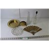 Image 1 : (3) Brass Ornaments (Napkin Holder, Candy Dish, Oriental Theme Fan), Glass Candle Holder, Glass Cand