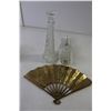 Image 2 : (3) Brass Ornaments (Napkin Holder, Candy Dish, Oriental Theme Fan), Glass Candle Holder, Glass Cand