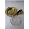Image 3 : (3) Brass Ornaments (Napkin Holder, Candy Dish, Oriental Theme Fan), Glass Candle Holder, Glass Cand