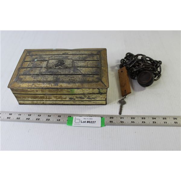 Vintage Padlock & Chain With Key, Vintage Tin