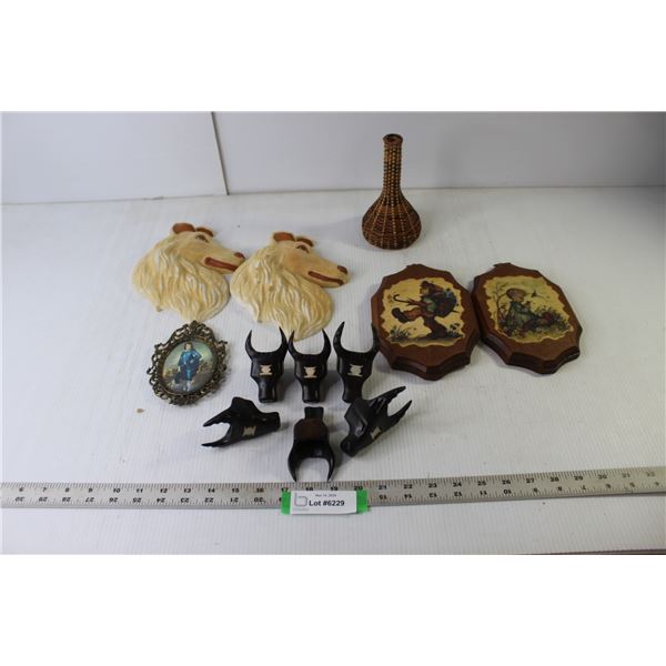 Set of 6 Wood "Bull Head" Napkin Rings, (2) Pair Vintage Wall Decor, Mini Blue Boy Metal Frame Wall 