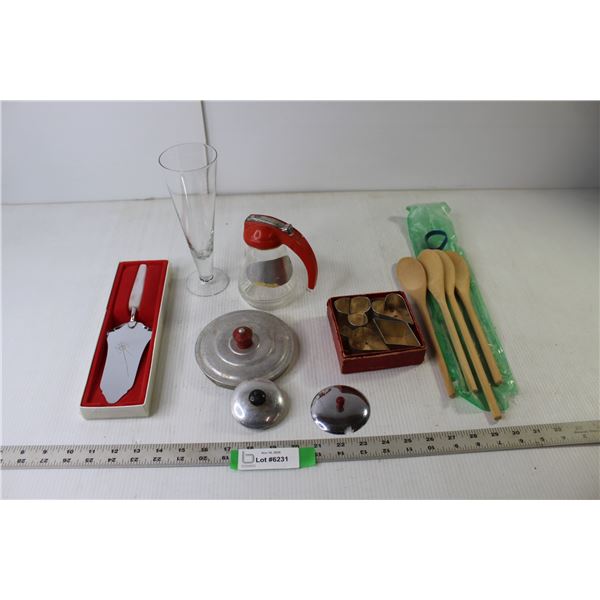 Vintage Pie Server, Vintage Lids, Cutters, Wood Spoons, Misc.