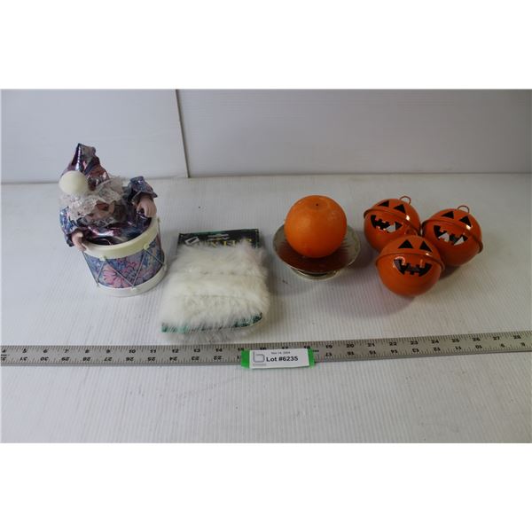 Vintage Wind-Up Clown, Orange Candle with Metal Holder, Halloween Hanging Ornaments, Fibre Craft Fau