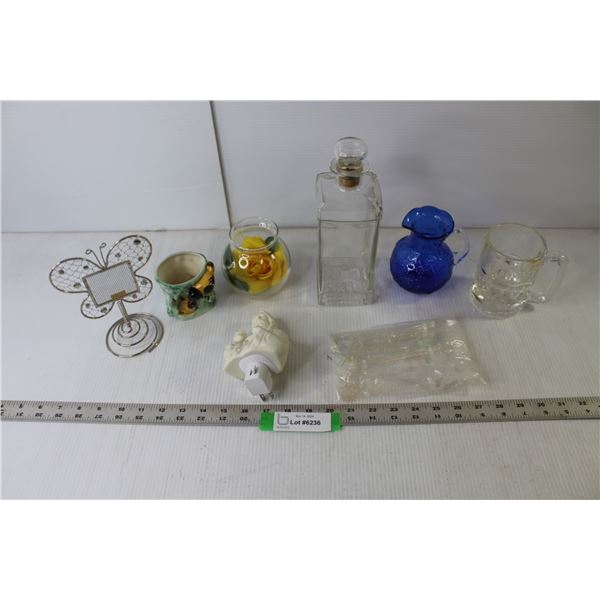 Glass Decanter, Various Ornaments, Hanging Angel Ornament, Jesus & Child Night Light (Working),