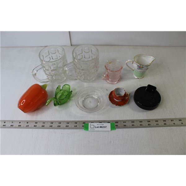 Assorted Glass Ornaments, Mugs, Teacups, Fine China Creamer