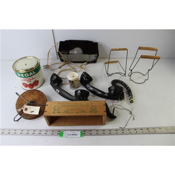 Antique/Vintage Assorted Items (Telephones, Reading Lamp, Canning Lifters, Wood Clothes Line Pulley 